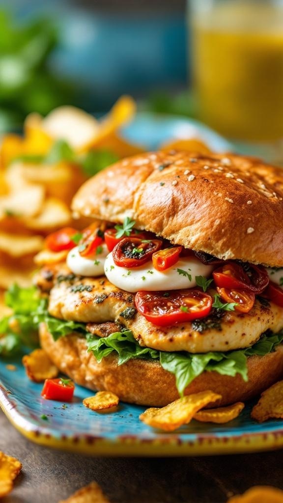A savory pesto chicken sandwich with lettuce, cherry tomatoes, and mozzarella on a sesame bun, served with chips.