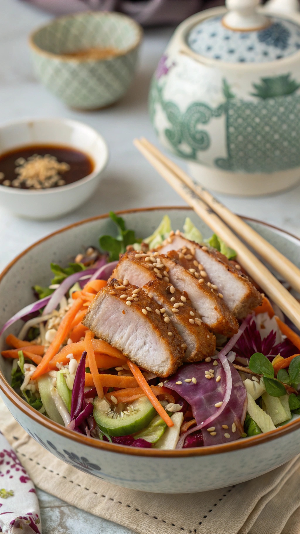 A bowl of savory pork and cabbage salad with colorful vegetables and sliced pork on top.