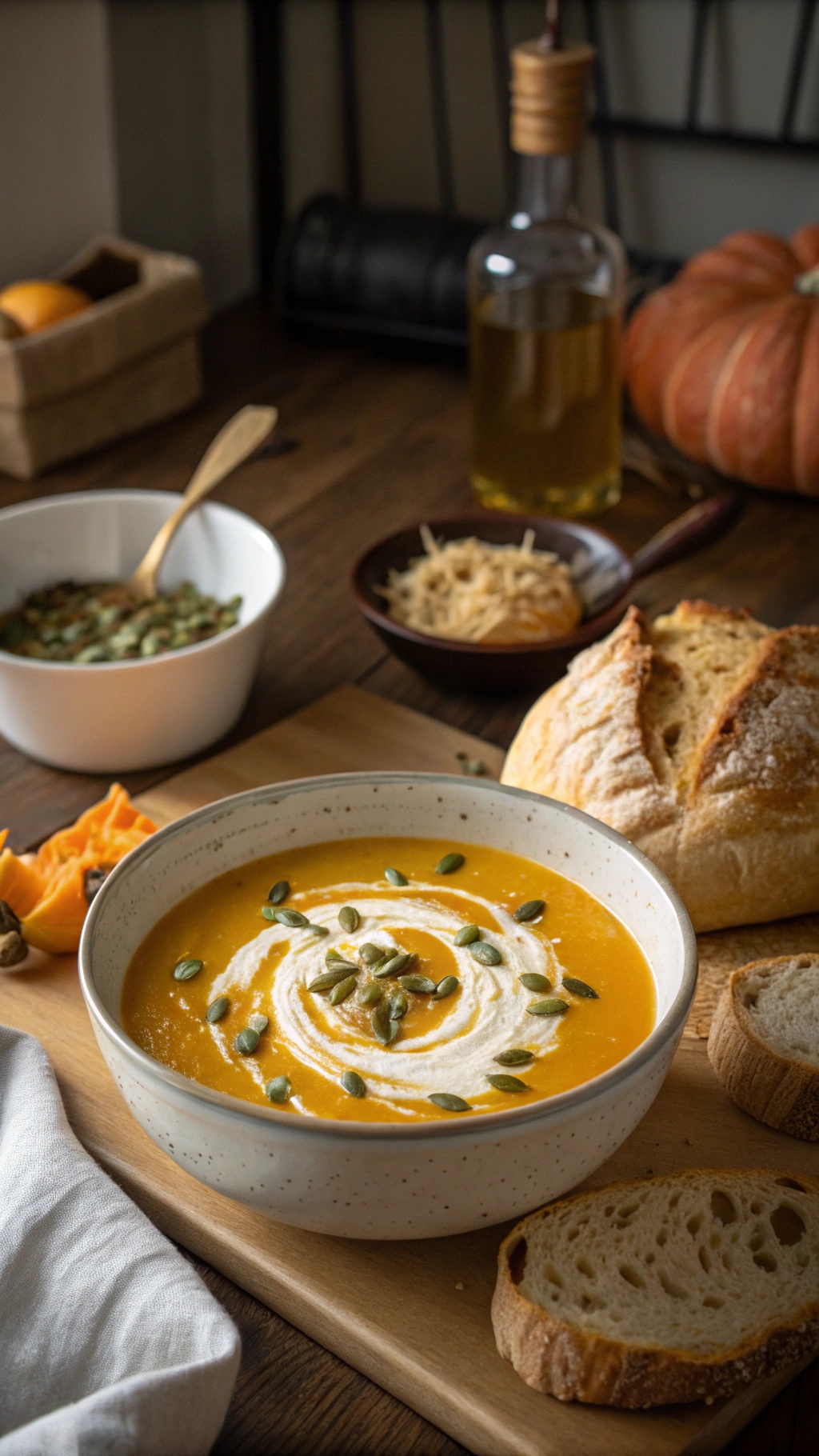 A bowl of creamy pumpkin soup garnished with pumpkin seeds, surrounded by bread and ingredients on a rustic wooden table.