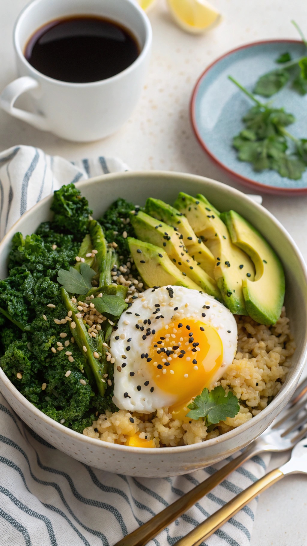 A savory quinoa breakfast bowl with a fried egg, avocado slices, sautéed kale, and sesame seeds.