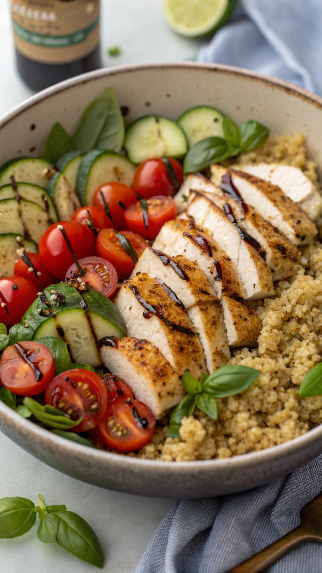 A colorful quinoa salad featuring grilled chicken, cherry tomatoes, cucumber, and fresh basil.