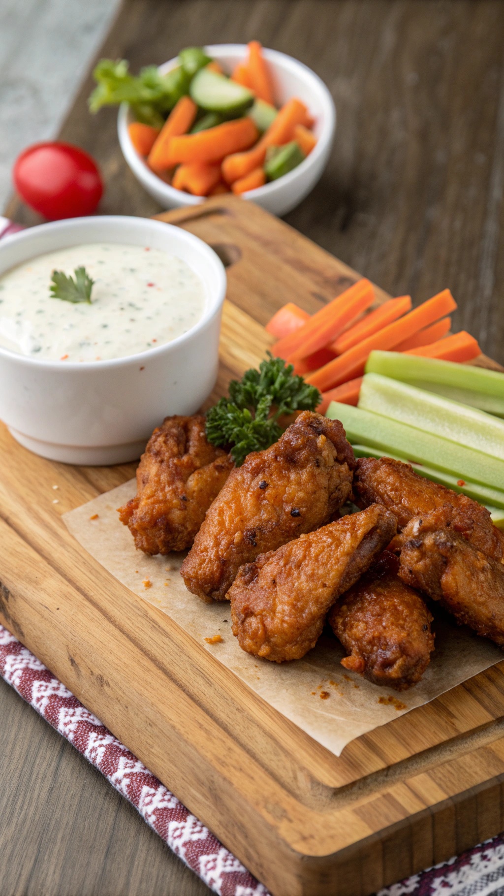 Crispy chicken wings served with ranch dressing and fresh vegetable sticks.