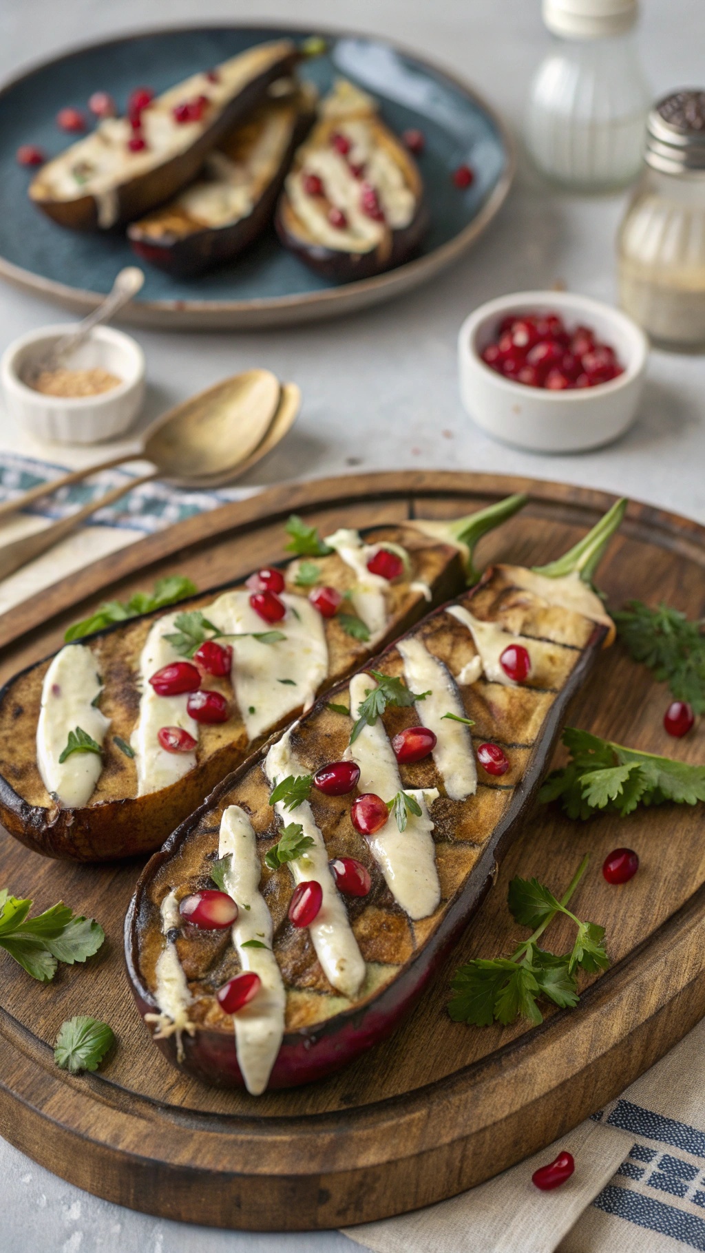 Roasted eggplant halves topped with tahini sauce and pomegranate seeds on a wooden platter.