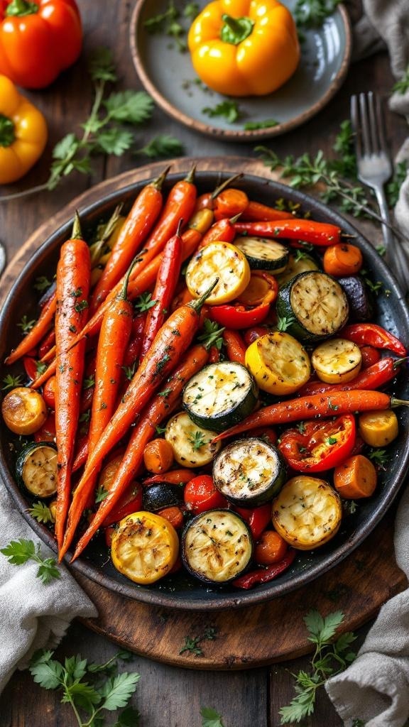 A colorful platter of roasted vegetables including carrots, zucchini, bell peppers, and cherry tomatoes.