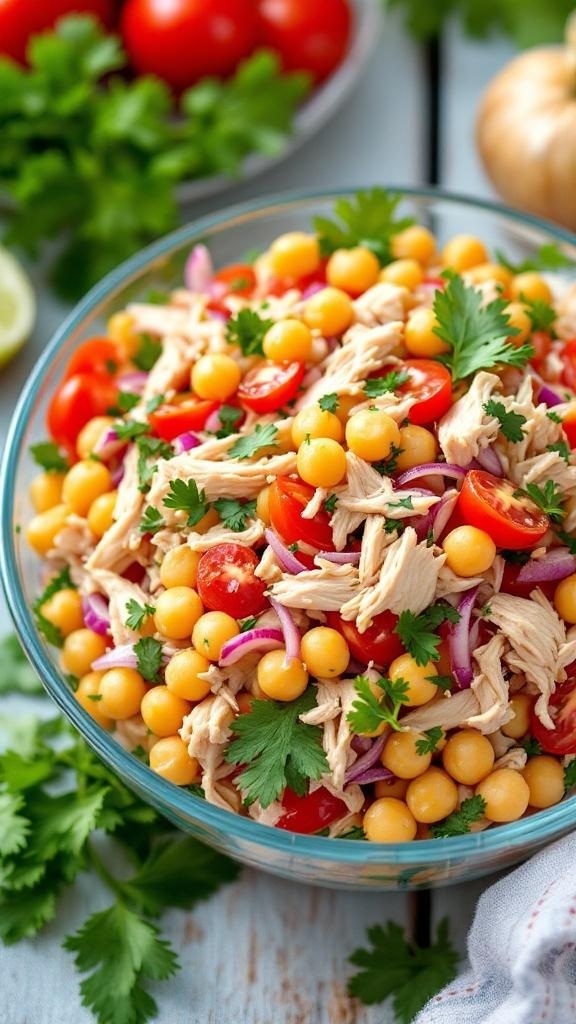 A colorful salad with shredded chicken, chickpeas, cherry tomatoes, and cilantro in a glass bowl.