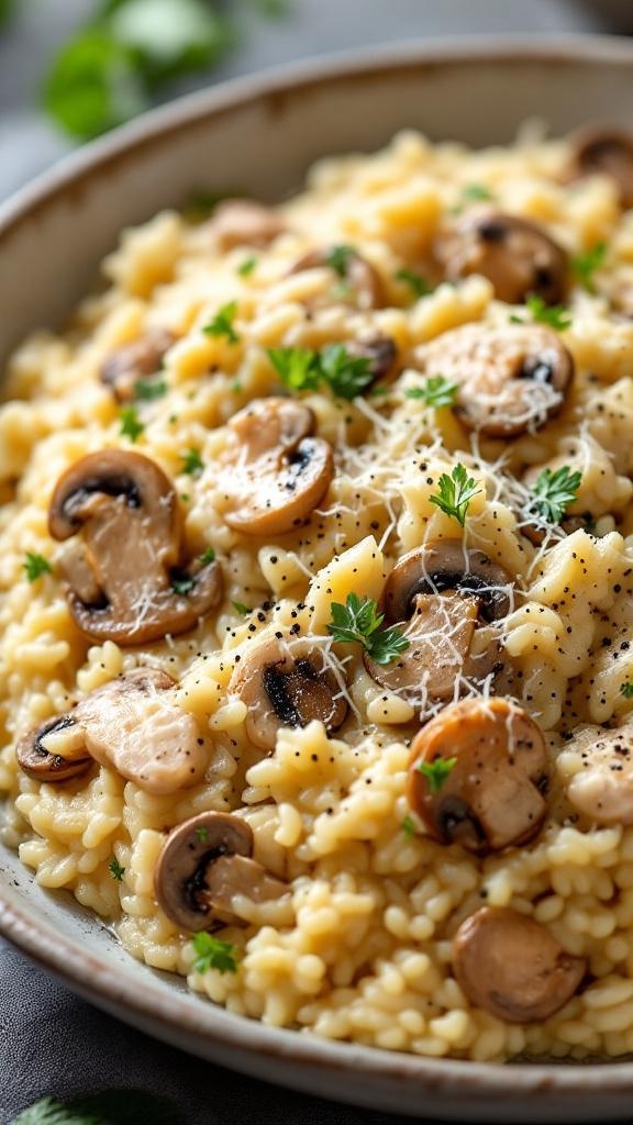 A bowl of creamy risotto with mushrooms and shredded rotisserie chicken, garnished with parsley and cheese.