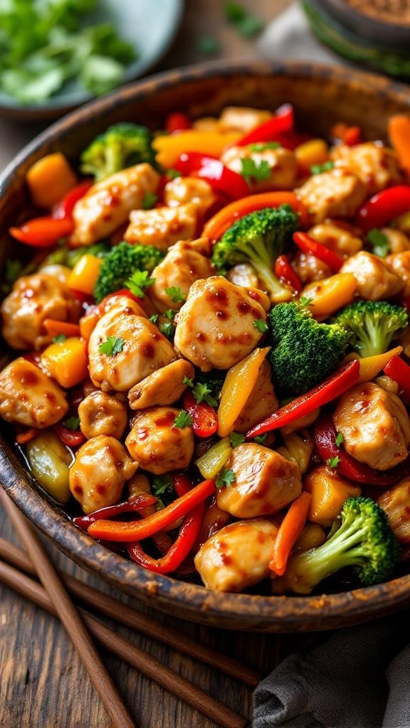 A colorful bowl of rotisserie chicken and vegetable stir-fry with broccoli, bell peppers, and snap peas.