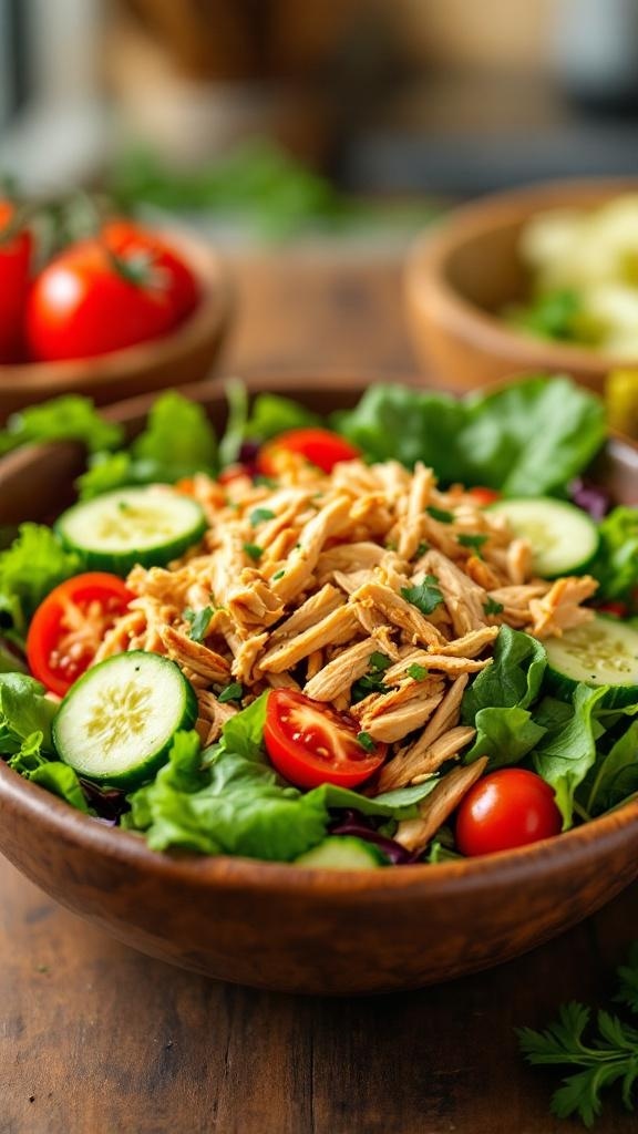 A bowl of rotisserie chicken salad with lettuce, tomatoes, cucumbers, and shredded chicken.