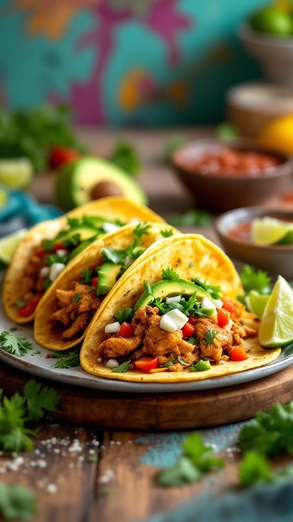 Three savory rotisserie chicken tacos topped with fresh ingredients and lime wedges