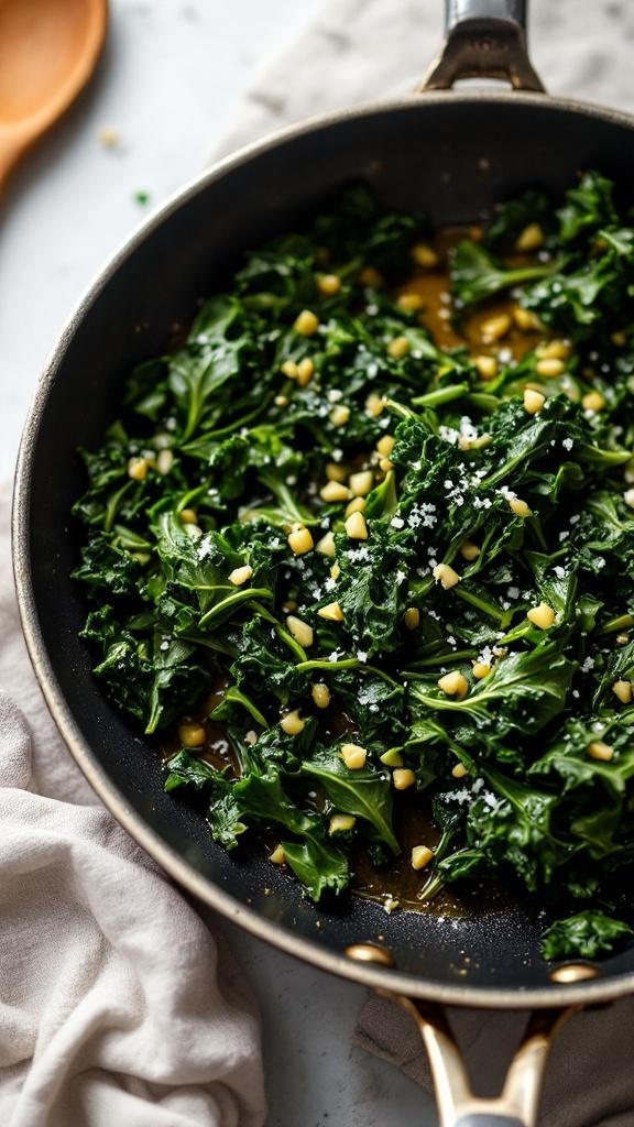 A skillet of sautéed greens with pine nuts and garlic