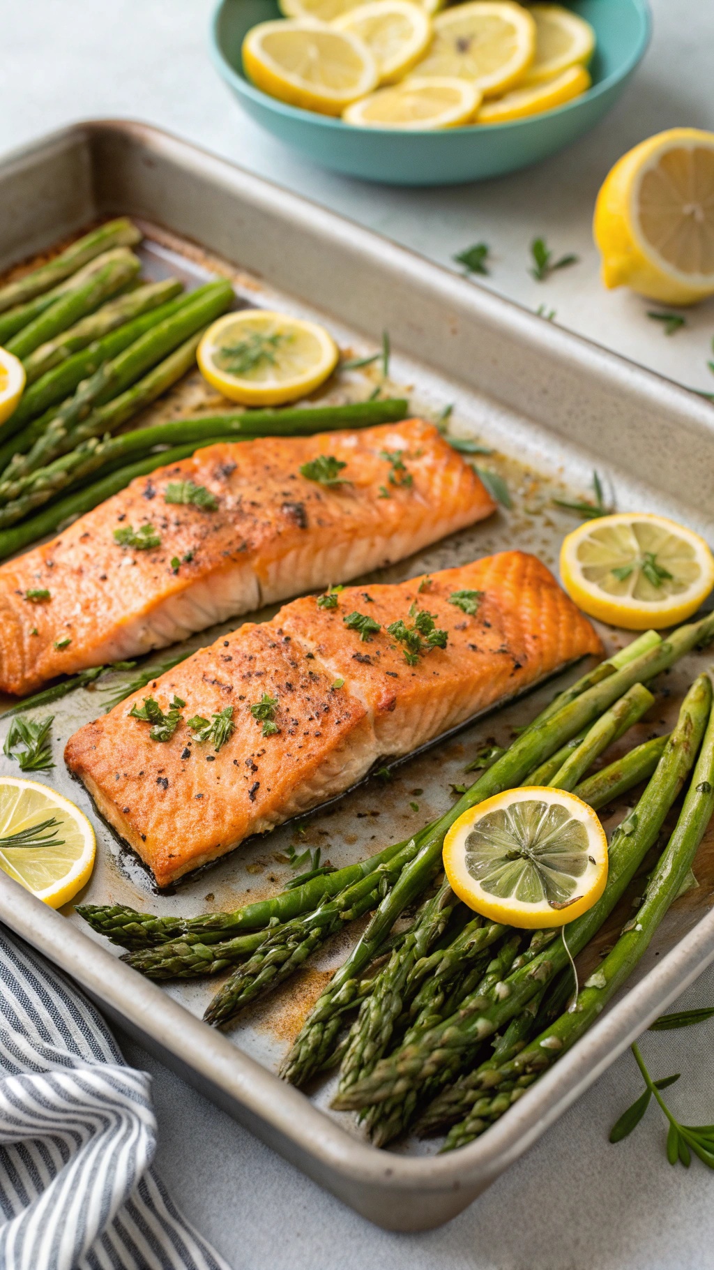 Sheet pan with salmon fillets, asparagus, and lemon slices