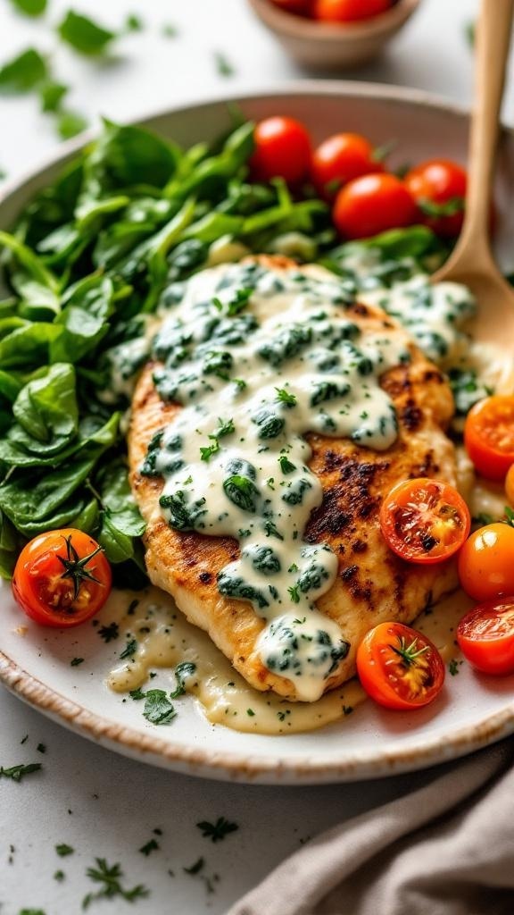 A plate of savory skillet chicken topped with creamy spinach sauce, served with cherry tomatoes and fresh greens.