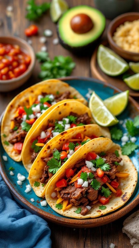 Three delicious skirt steak tacos topped with fresh vegetables and cilantro, served on a blue plate with lime wedges.