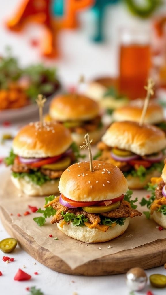 A close-up of savory sliders on a wooden platter, topped with fresh ingredients and garnished with colorful toppings.