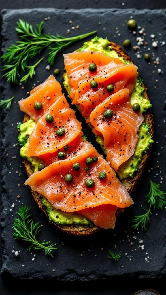 A delicious avocado toast topped with smoked salmon and capers on a dark slate background.