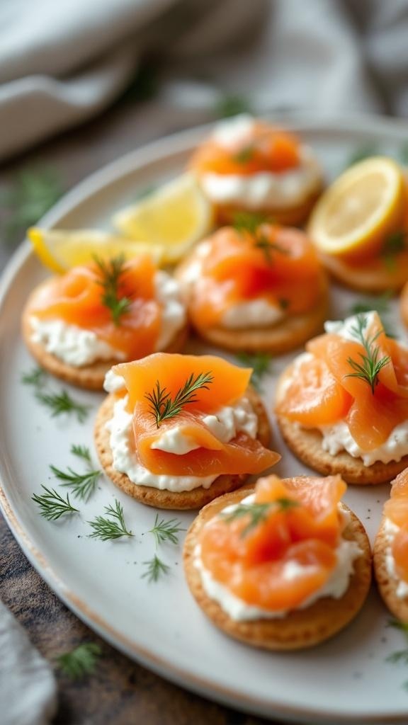 Plate of smoked salmon and cream cheese bites on crackers, garnished with dill and lemon.