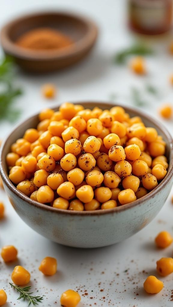 A bowl of spicy roasted chickpeas with spices scattered around.