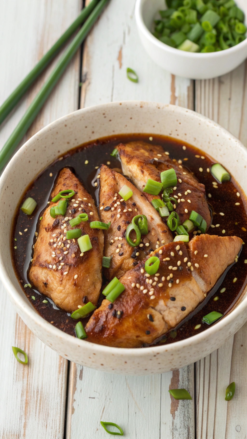 Marinated chicken breasts in soy sauce with green onions and sesame seeds.