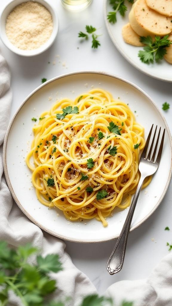 A plate of spaghetti squash with garlic, garnished with parsley and served with a fork.