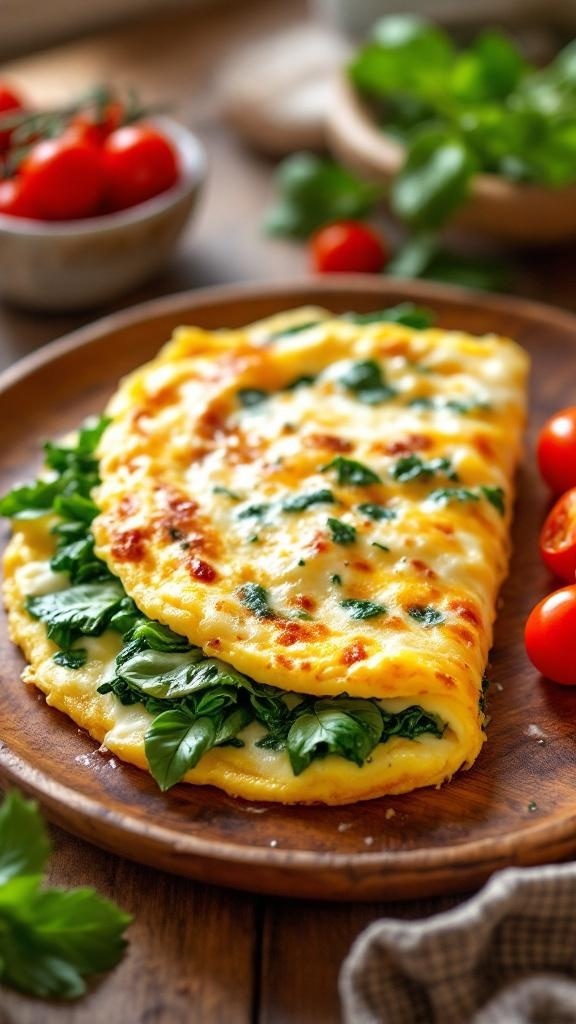 A delicious spinach and cheese omelette on a wooden plate, garnished with cherry tomatoes.