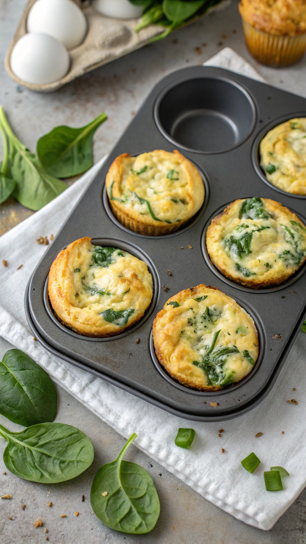 Savory spinach and feta egg muffins in a muffin tin with fresh spinach leaves on the side.