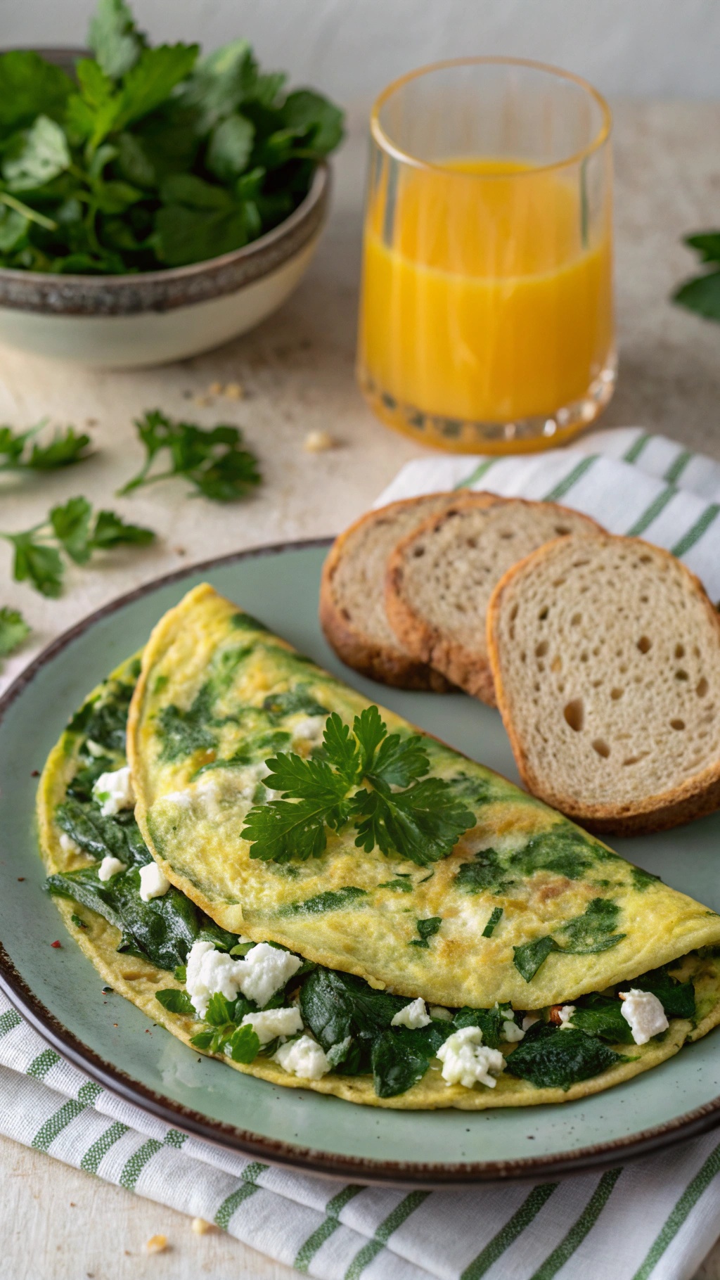 A savory spinach and feta omelette served with slices of whole-grain bread and a glass of orange juice.