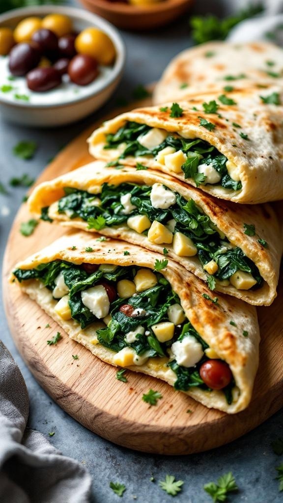 Savory spinach and feta pita pockets filled with fresh ingredients on a wooden board.