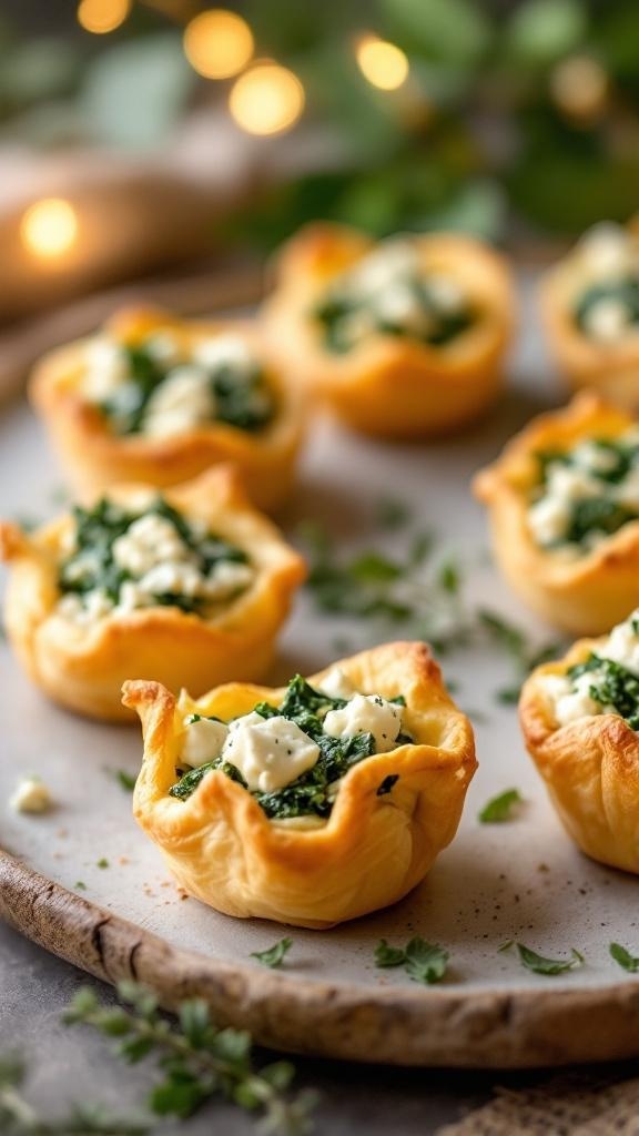 Savory spinach and feta puff pastry bites arranged on a wooden platter with a blurred background of lights.