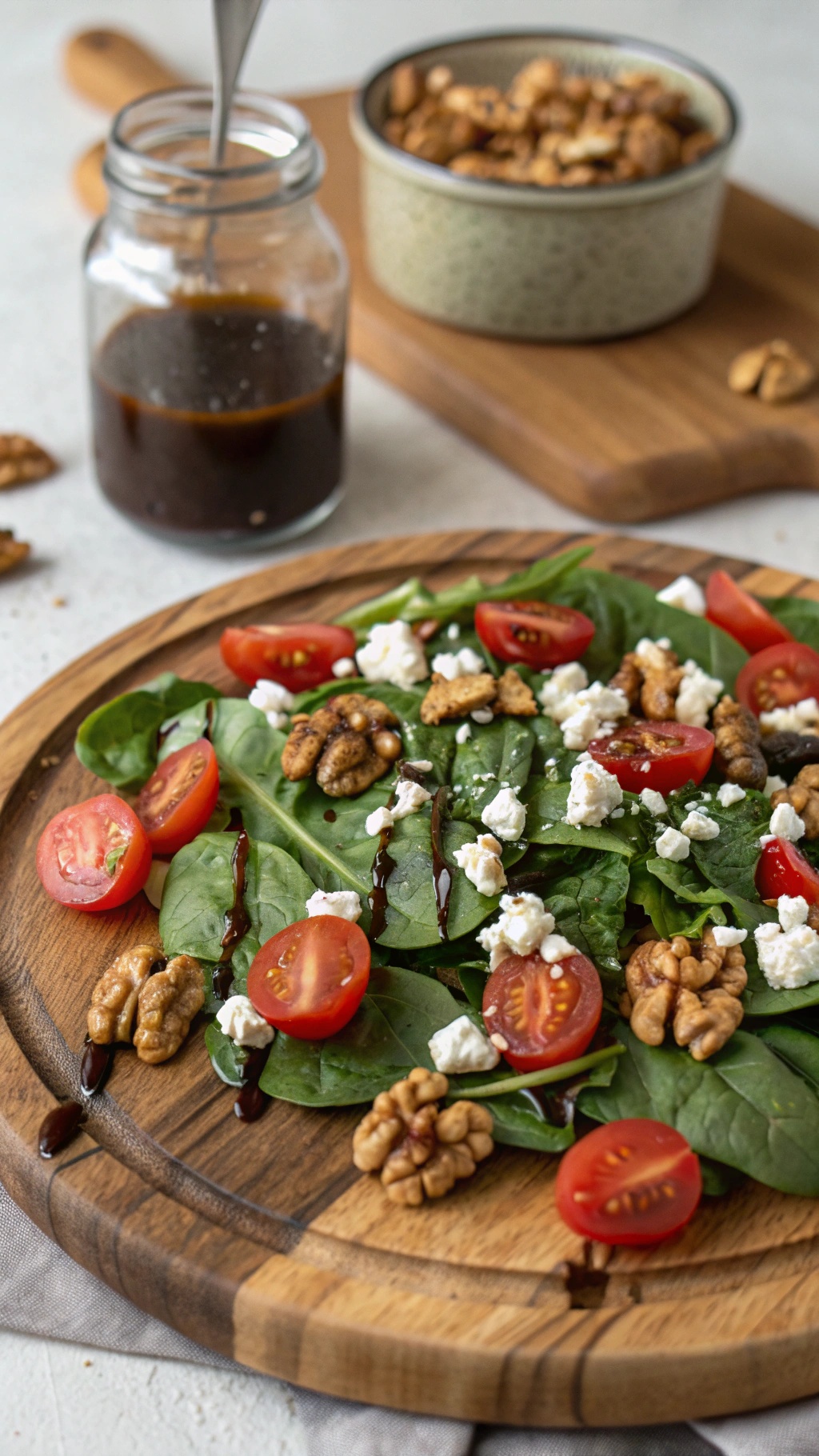A delicious spinach and feta salad with cherry tomatoes and walnuts on a wooden platter.