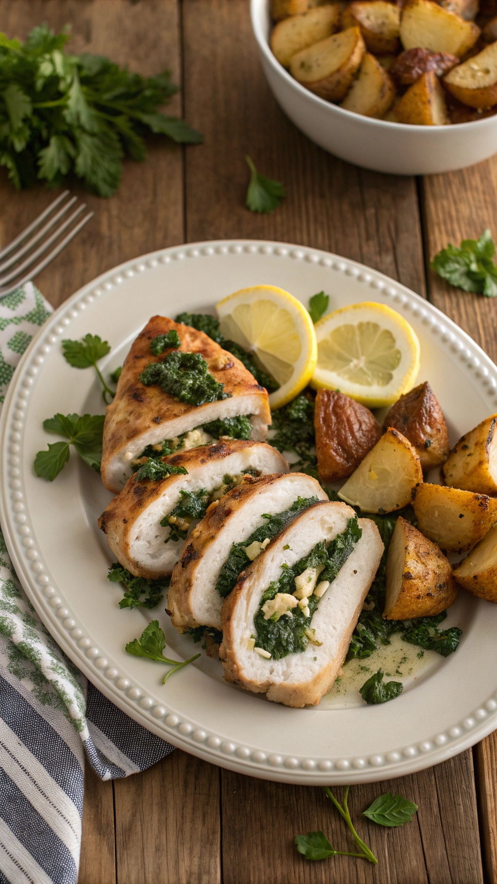 Savory Spinach and Feta Stuffed Chicken served with roasted potatoes and lemon slices