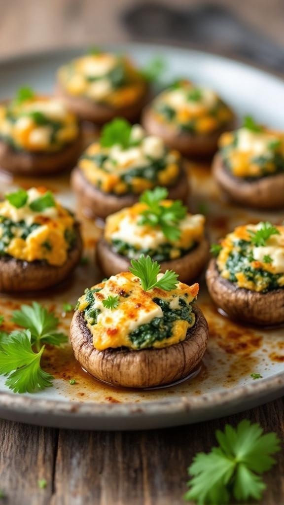 A plate of savory spinach and feta stuffed mushrooms, garnished with fresh parsley.