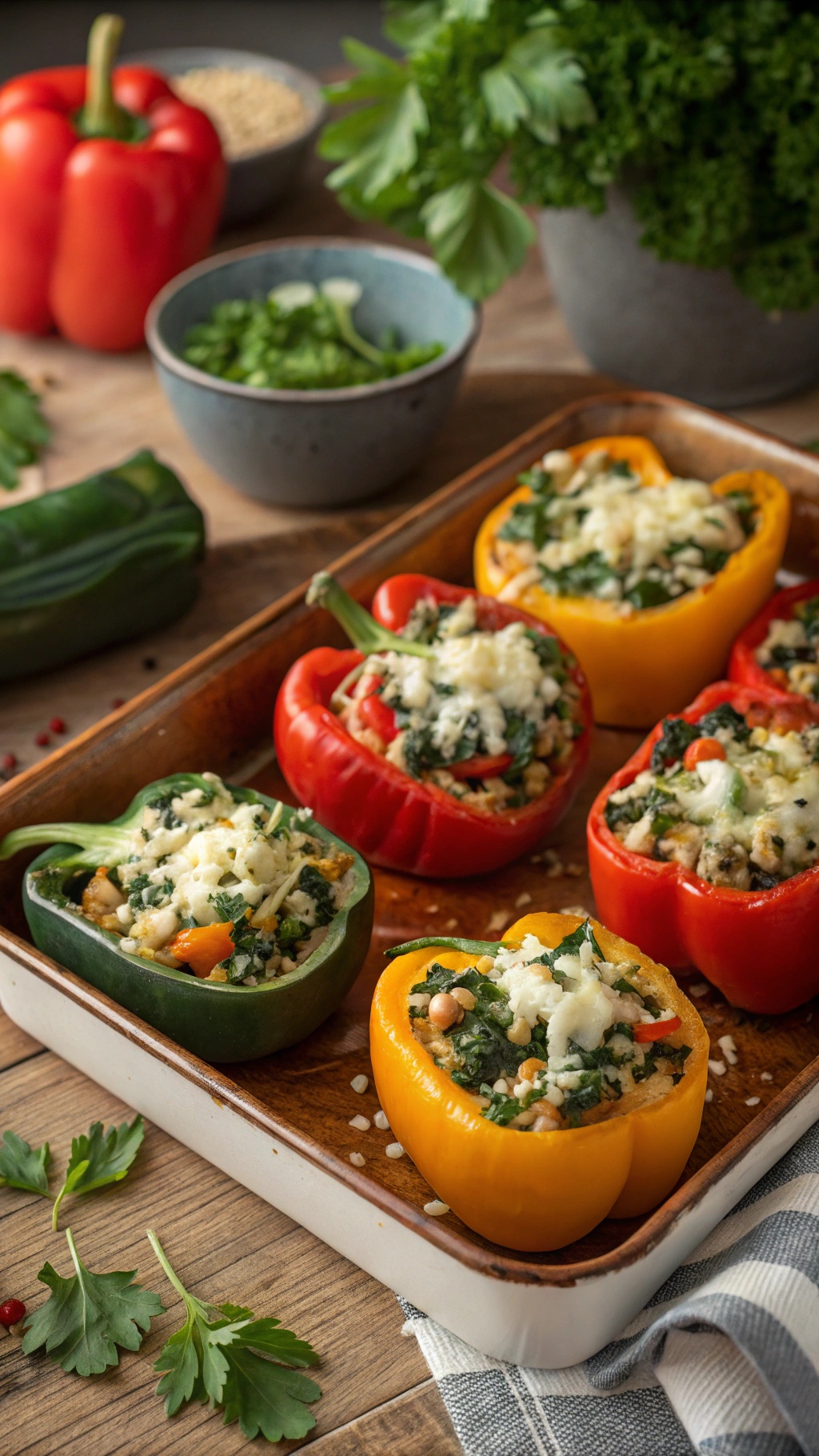 Colorful stuffed bell peppers filled with spinach, feta, and grains, garnished with parsley.