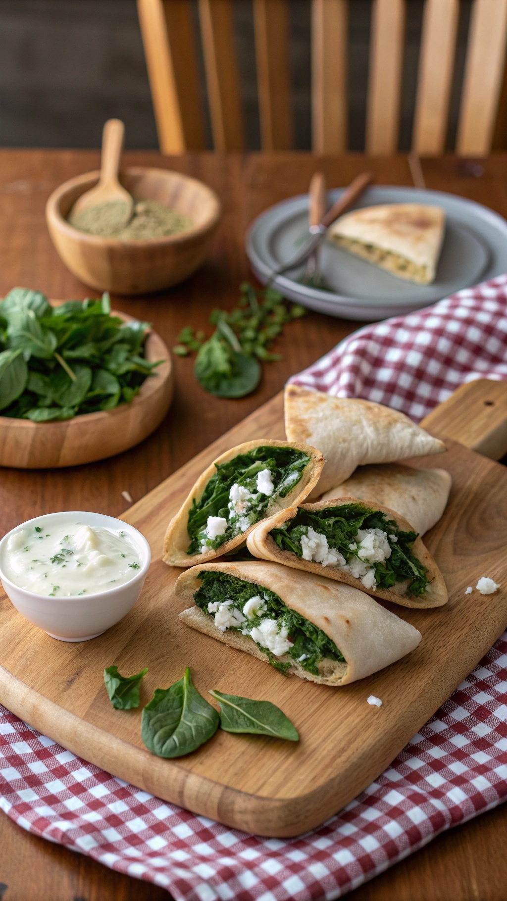 Savory spinach and feta stuffed pita pockets on a wooden board with yogurt dip and fresh spinach in the background.