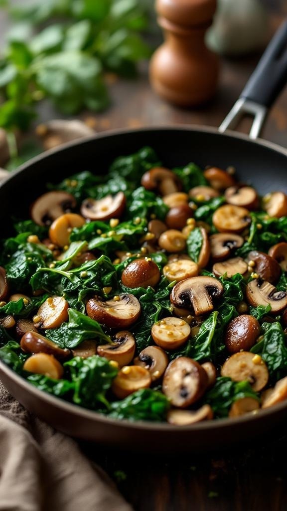 A skillet filled with sautéed spinach and mushrooms, showcasing vibrant greens and earthy tones.