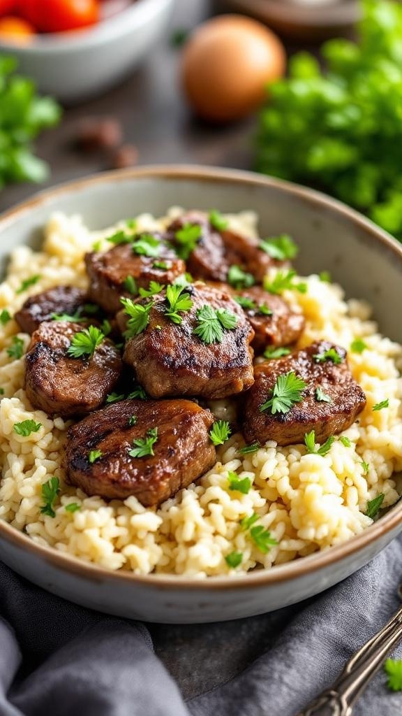 A bowl of savory steak served over cauliflower rice, garnished with fresh herbs.