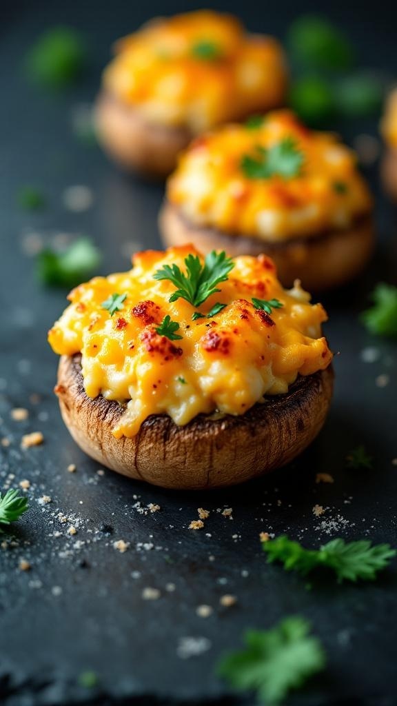 Savory stuffed mushrooms topped with macaroni and cheese