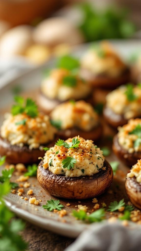 Plate of savory stuffed mushrooms topped with herbs and breadcrumbs
