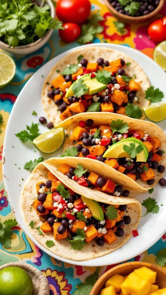 Colorful sweet potato and black bean tacos with fresh toppings