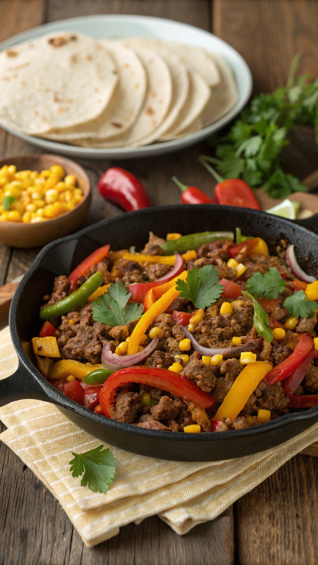 A delicious taco beef skillet with colorful bell peppers and corn, served with tortillas.