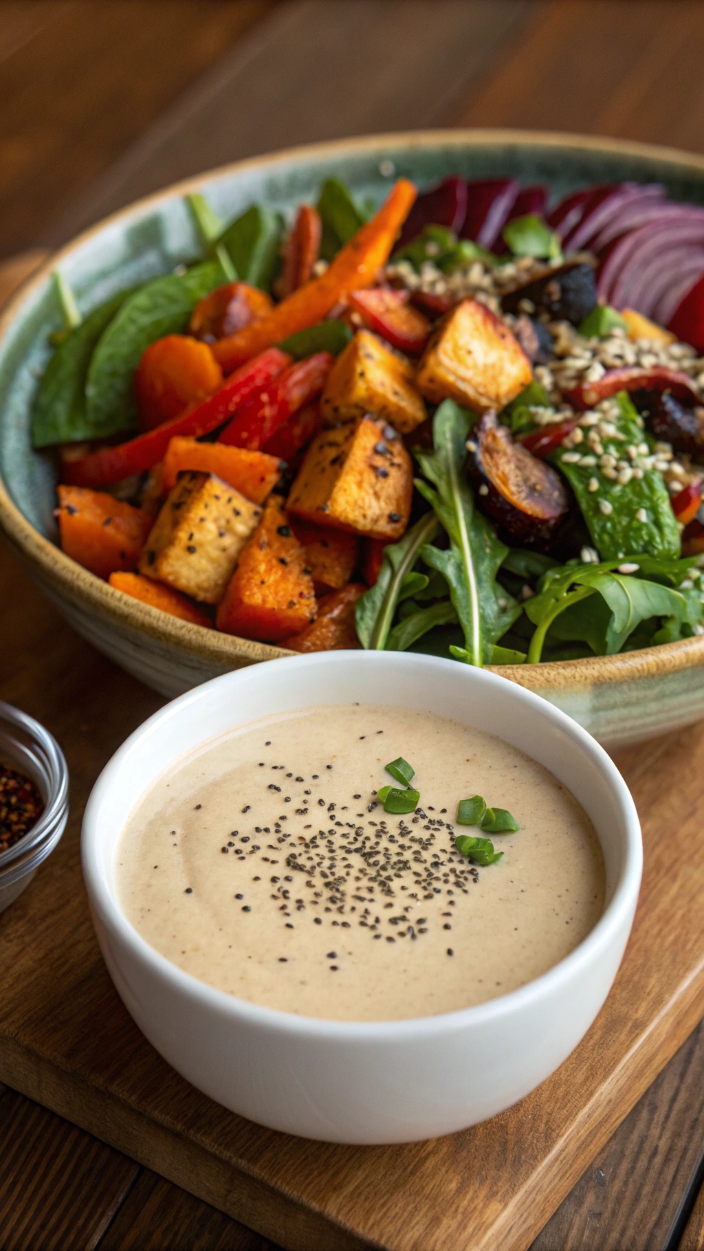 A creamy tahini dressing in a bowl with a sprinkle of seeds, next to a colorful salad.