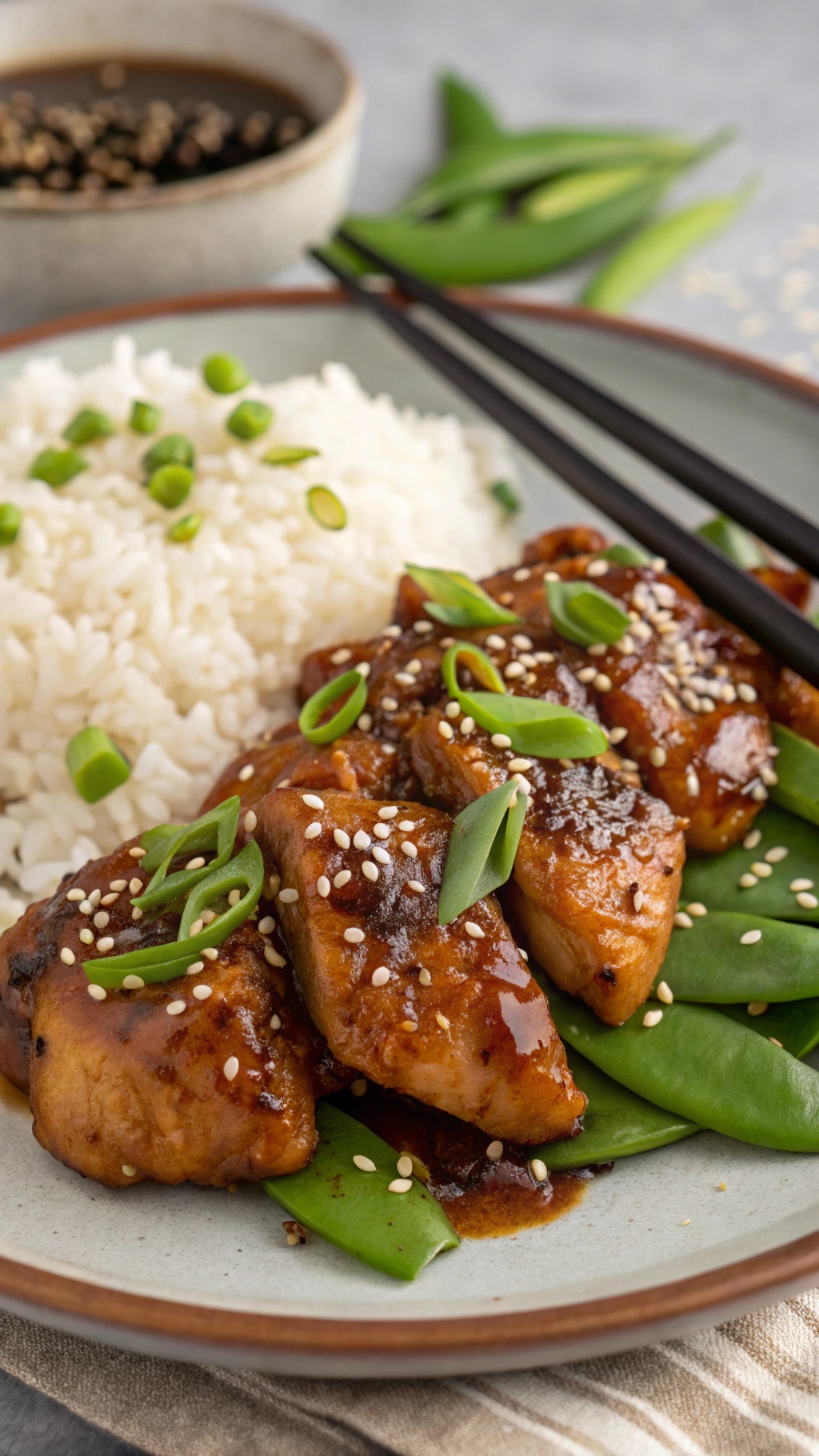 A plate of savory teriyaki chicken with rice and snap peas, garnished with sesame seeds and green onions.