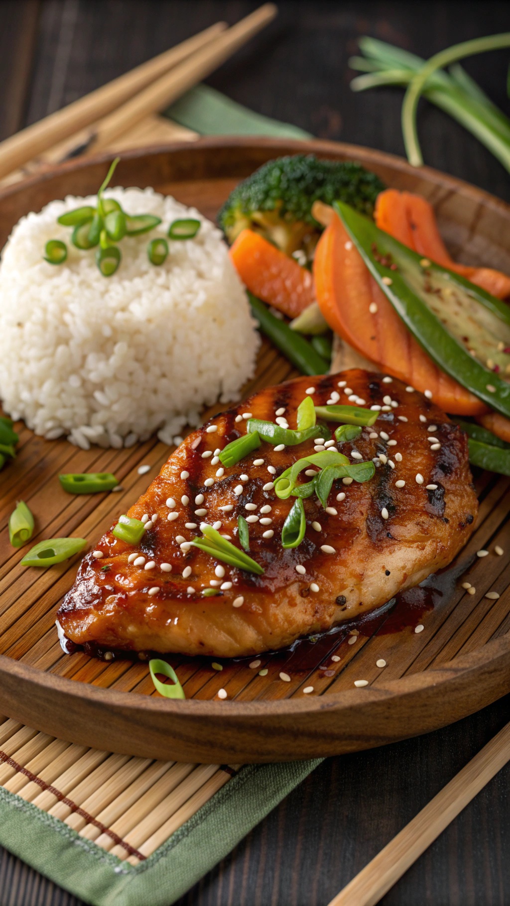 A plate of teriyaki chicken with rice and vegetables, garnished with green onions and sesame seeds.