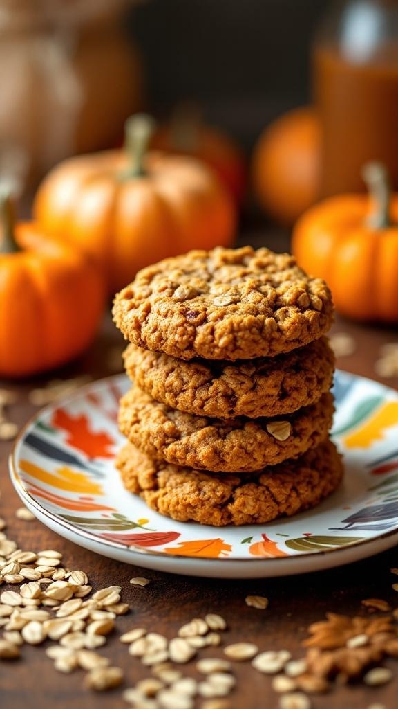 A stack of pumpkin oatmeal cookies on a colorful plate, surrounded by mini pumpkins and oats.