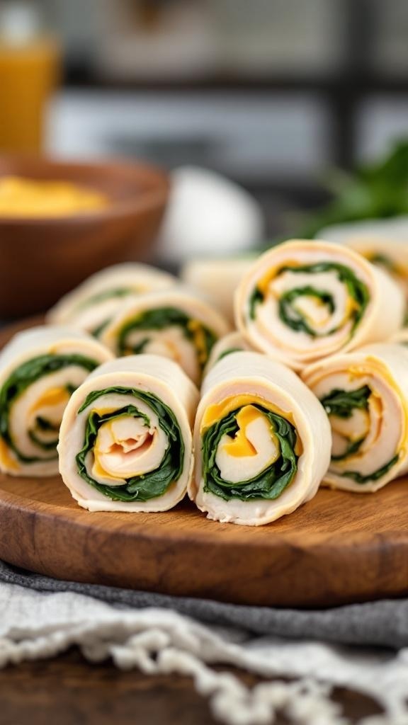 Savory turkey and cheese roll-ups on a wooden platter