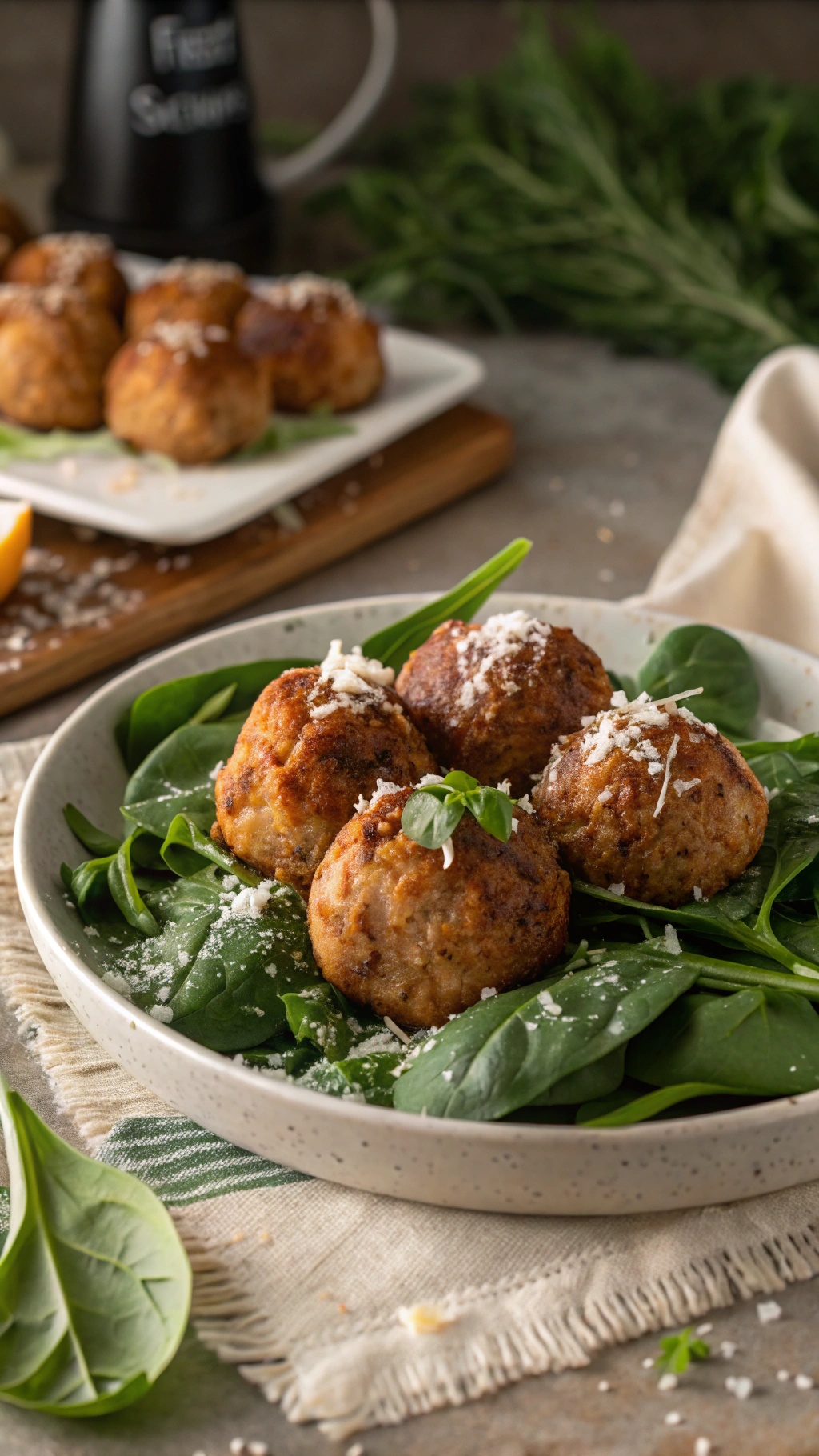 A plate of savory turkey meatballs served on fresh spinach, garnished with Parmesan cheese.