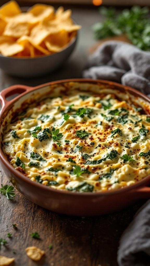 A warm, creamy vegan spinach and artichoke dip in a baking dish, surrounded by tortilla chips.