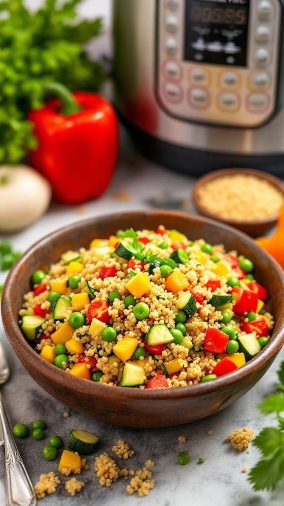 A bowl of colorful vegetable quinoa with an Instant Pot in the background.