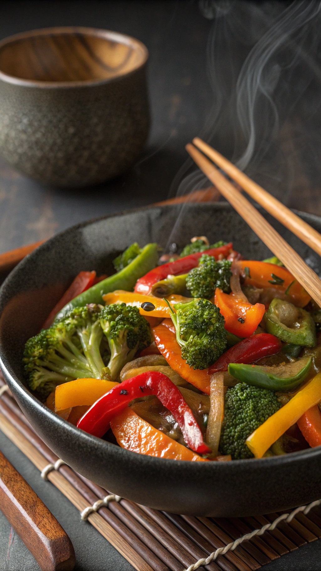 A bowl of colorful vegetable stir-fry with broccoli, bell peppers, and onions.