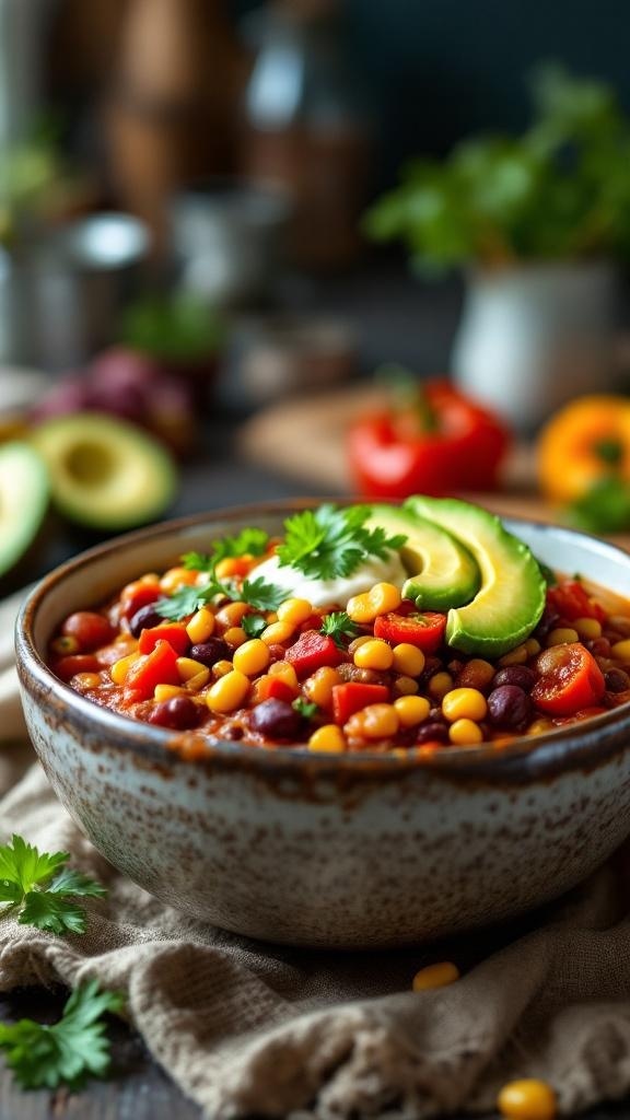 A bowl of vegetarian chili topped with avocado slices and cilantro, surrounded by fresh ingredients.