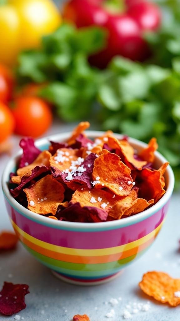 A colorful bowl of homemade veggie chips made from sweet potatoes and beets, garnished with a sprinkle of salt.